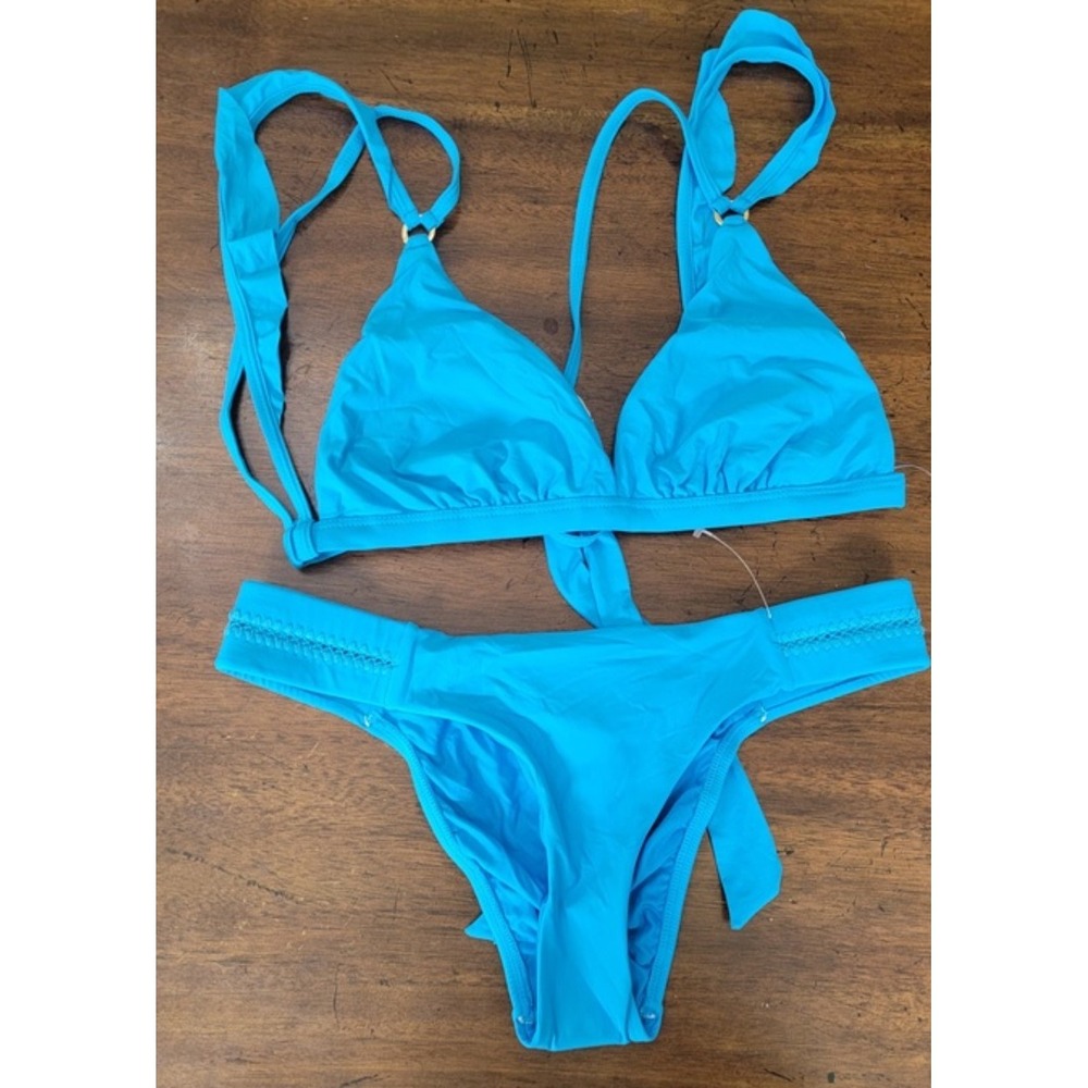 NWOT Pilyq S Tropics Blue Top Stitched Side Tab Blue Bikini Bottoms 118159